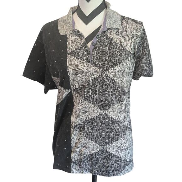 Jamie Sadock Geometric Abstract Print Polo Shirt L Black Gray 100% Cotton - Picture 1 of 5
